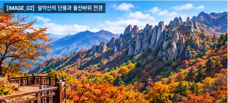 설악산의 붉은 단풍과 울산바위가 함께 보이는 가을 풍경 연출사진