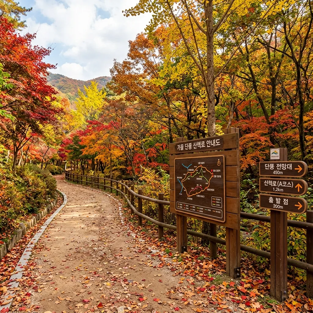 가을 단풍 산책로 및 안내 표지판 전경