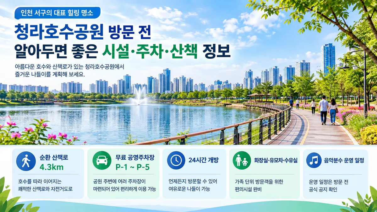 청라호수공원 호수 산책로와 무료 공영주차장 및 주요 편의시설 안내