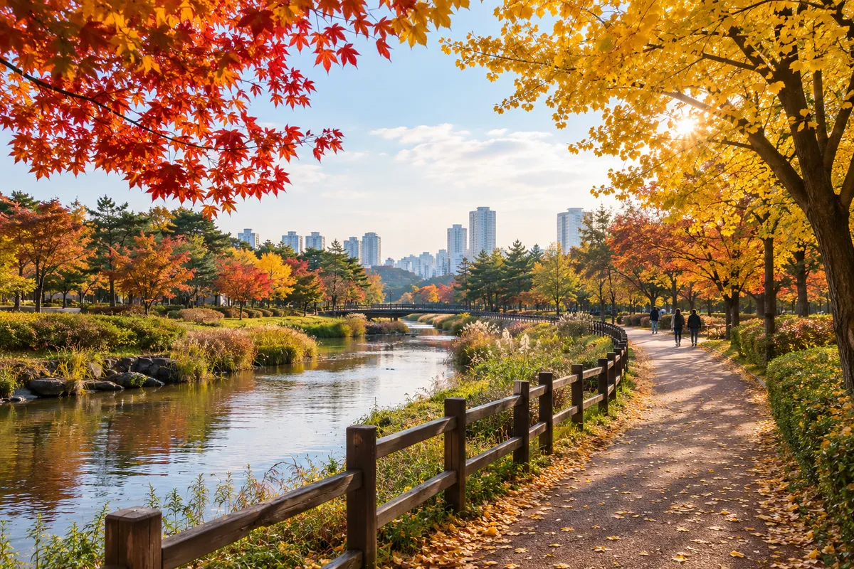 가을 단풍나무와 잔잔한 하천을 따라 이어지는 공원 산책로