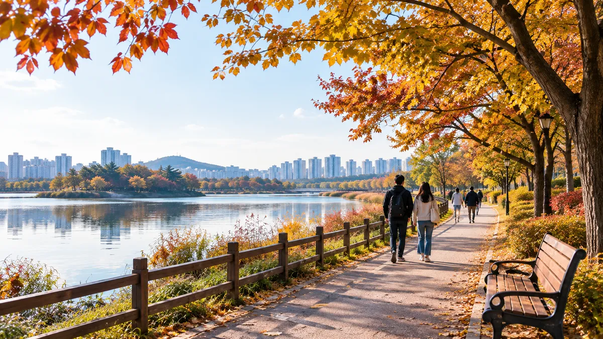 인천 공원에서 가을 호수를 따라 산책하는 사람들과 단풍이 든 나무